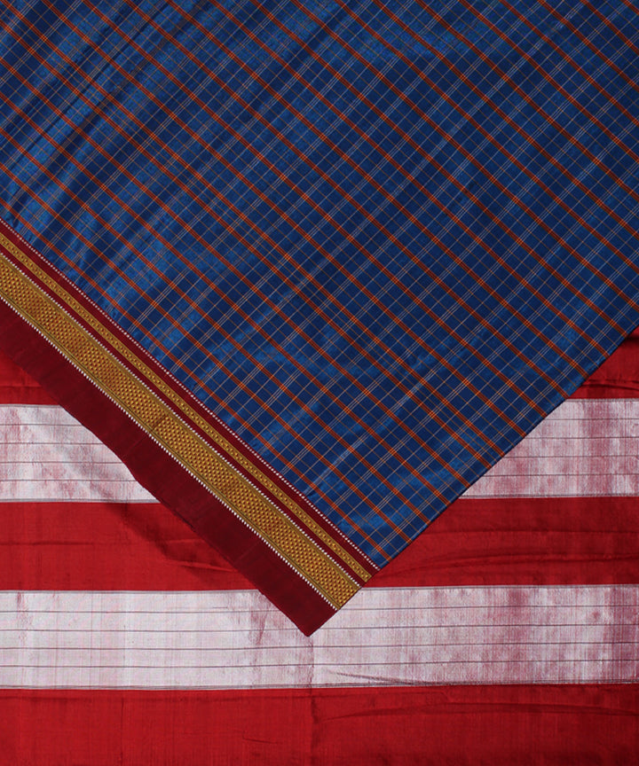 Indigo red handwoven cotton art silk chikki paras border ilkal sari