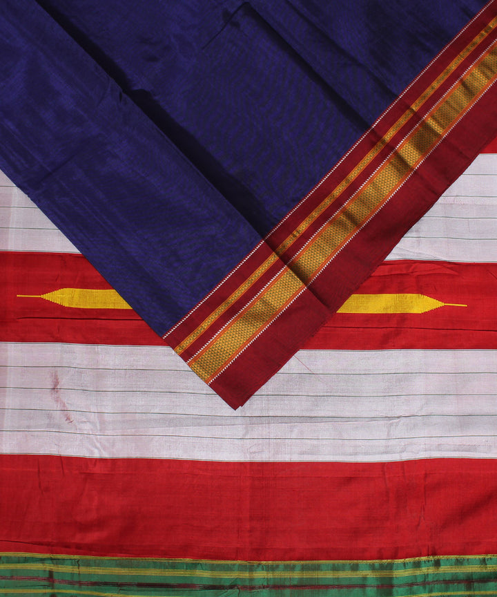Blue red handwoven cotton art silk chikki paras border ilkal saree