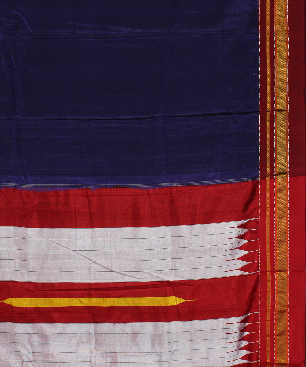 Blue red handwoven cotton art silk chikki paras border ilkal saree