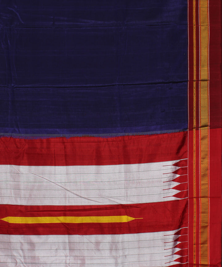 Blue red handwoven cotton art silk chikki paras border ilkal saree