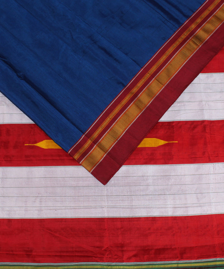 Blue red hand woven cotton art silk chikki paras border ilkal saree