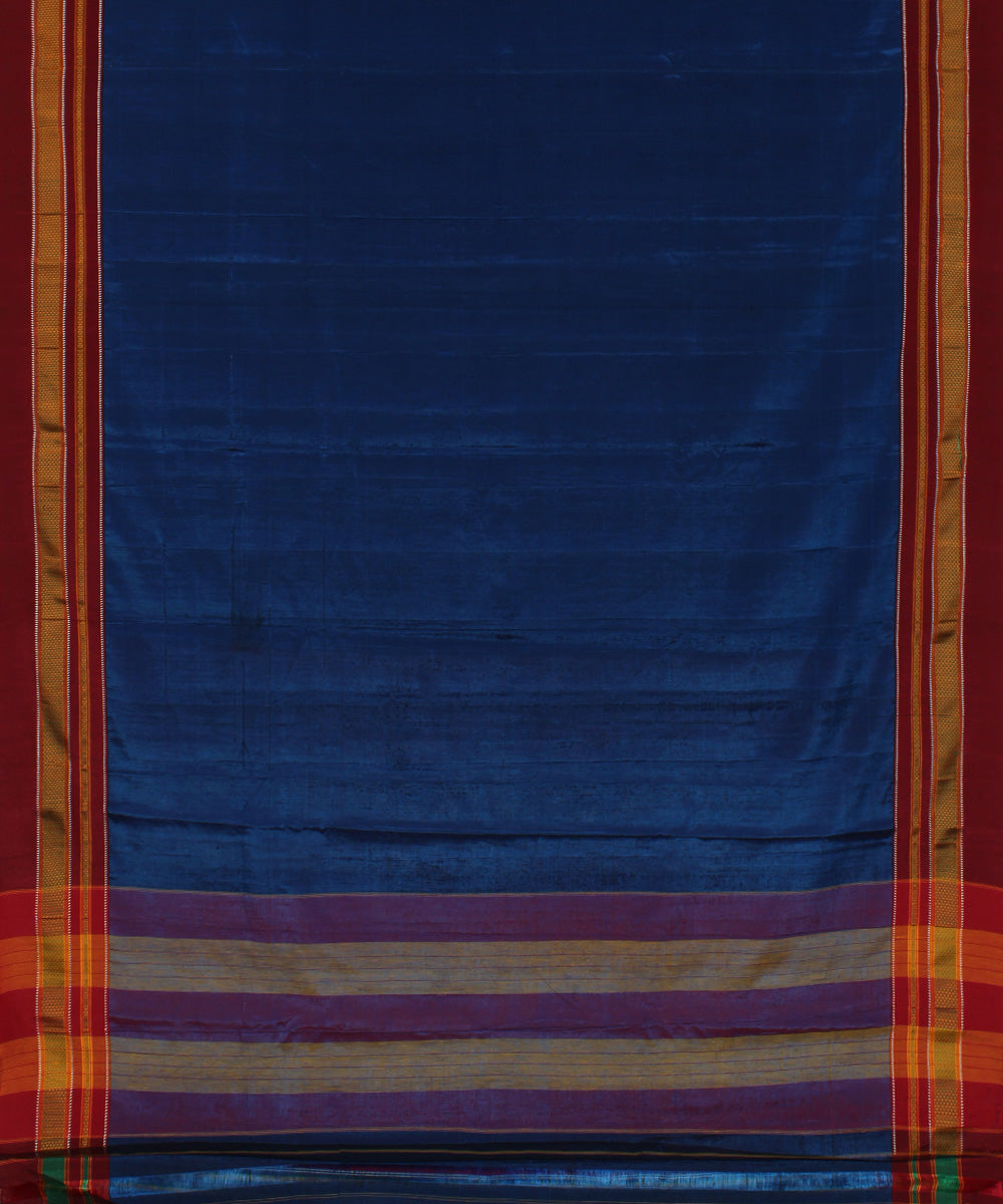 Blue red hand woven cotton art silk chikki paras border ilkal saree