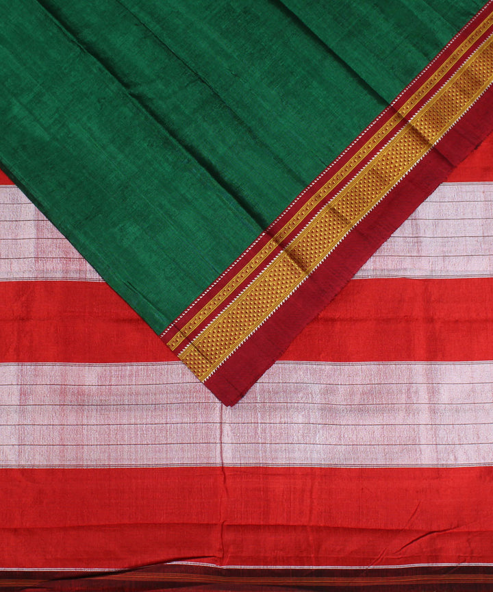 Green red handwoven cotton art silk chikki paras border ilkal saree