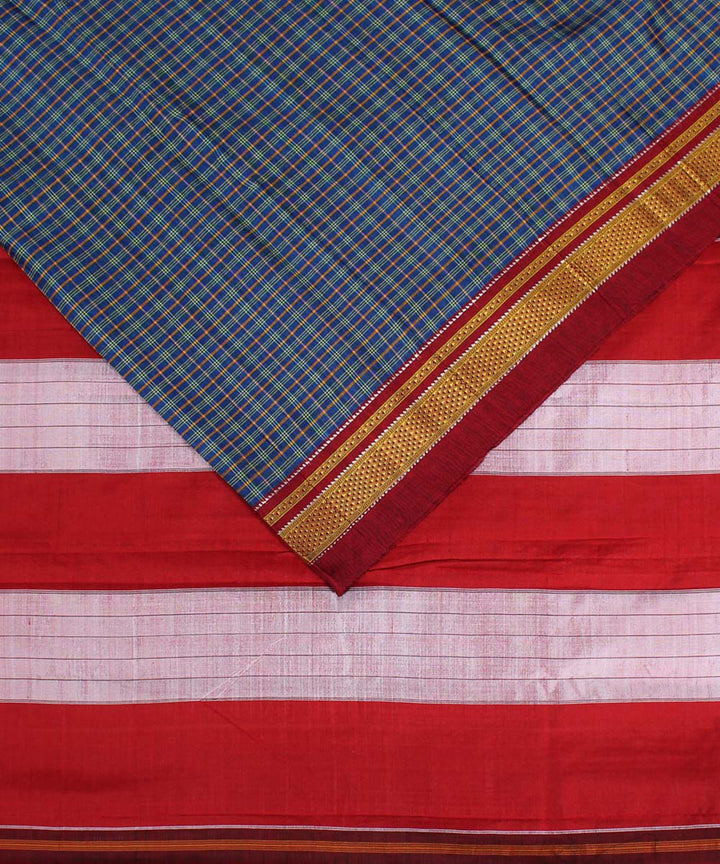 Blue red handwoven cotton art silk chikki paras border ilkal sari