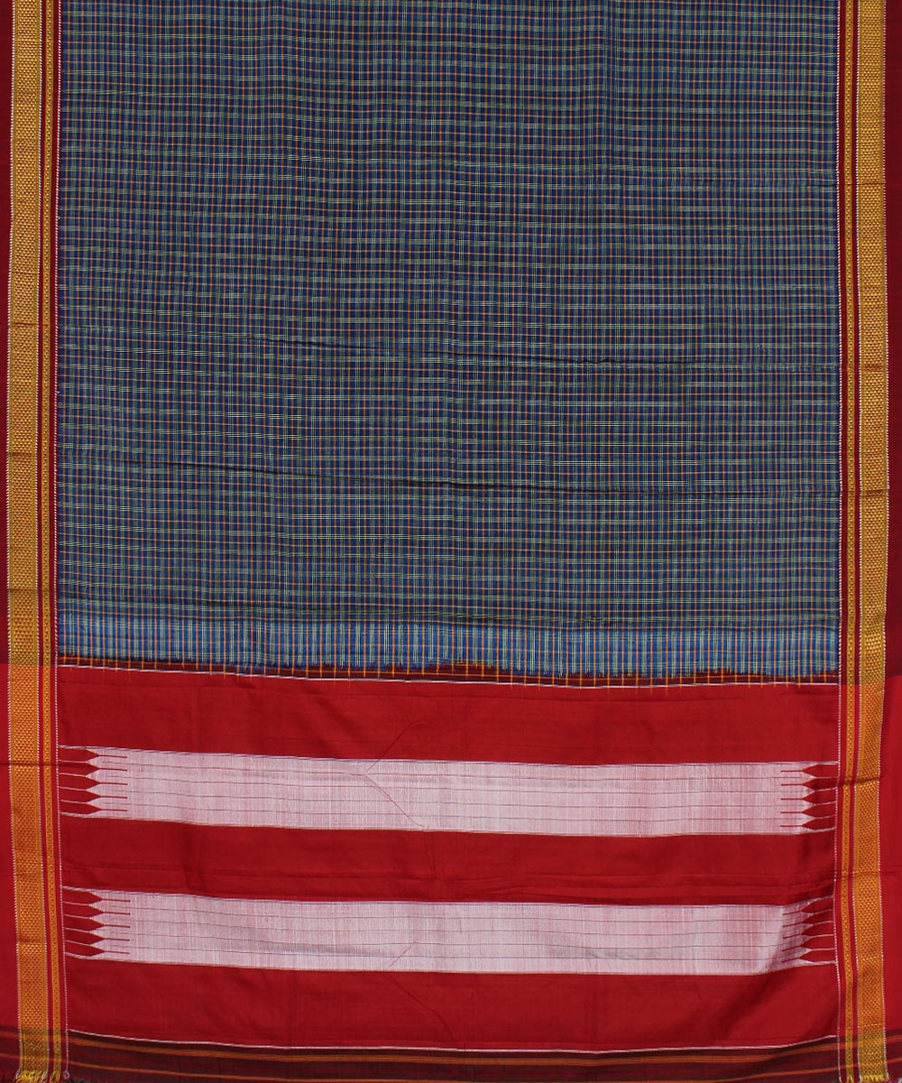 Blue red handwoven cotton art silk chikki paras border ilkal sari