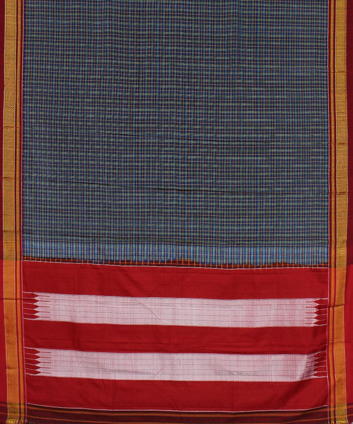 Blue red handwoven cotton art silk chikki paras border ilkal sari
