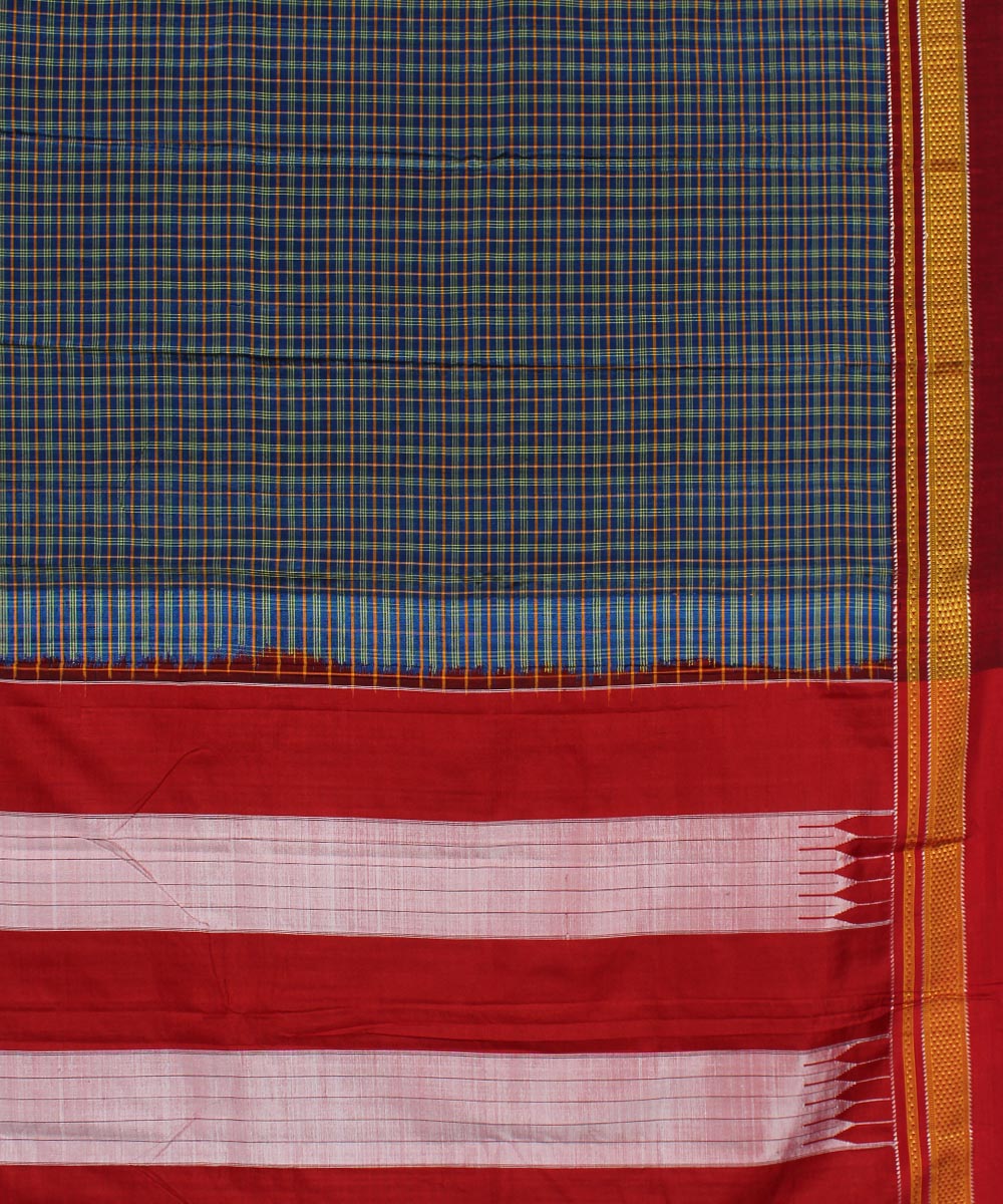 Blue red handwoven cotton art silk chikki paras border ilkal sari