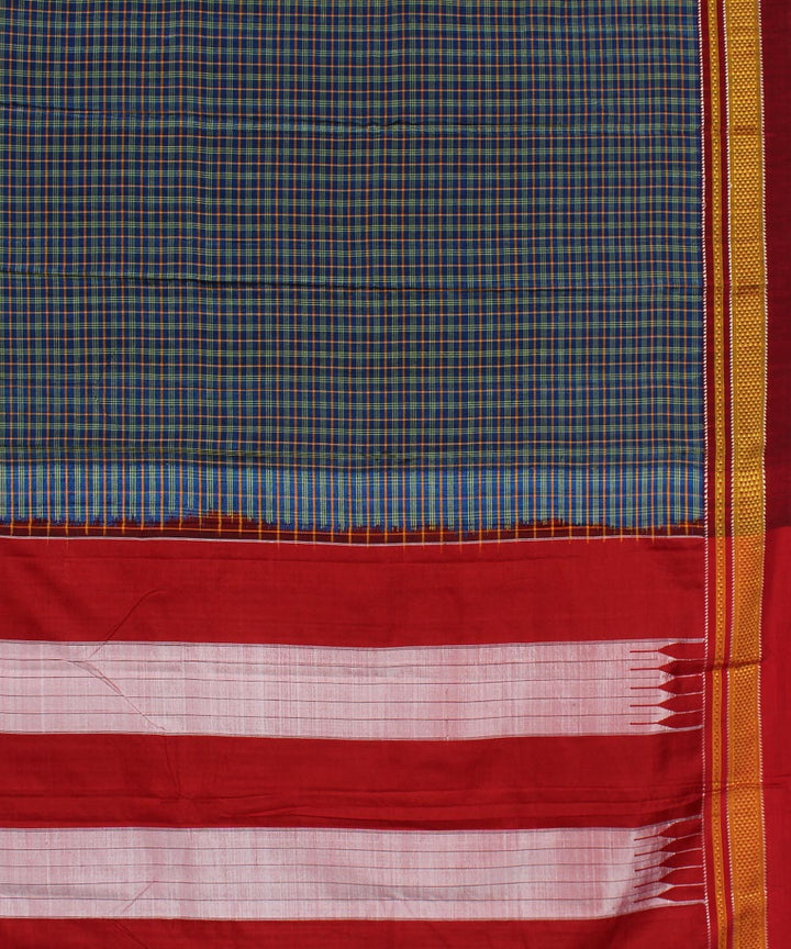 Blue red handwoven cotton art silk chikki paras border ilkal sari