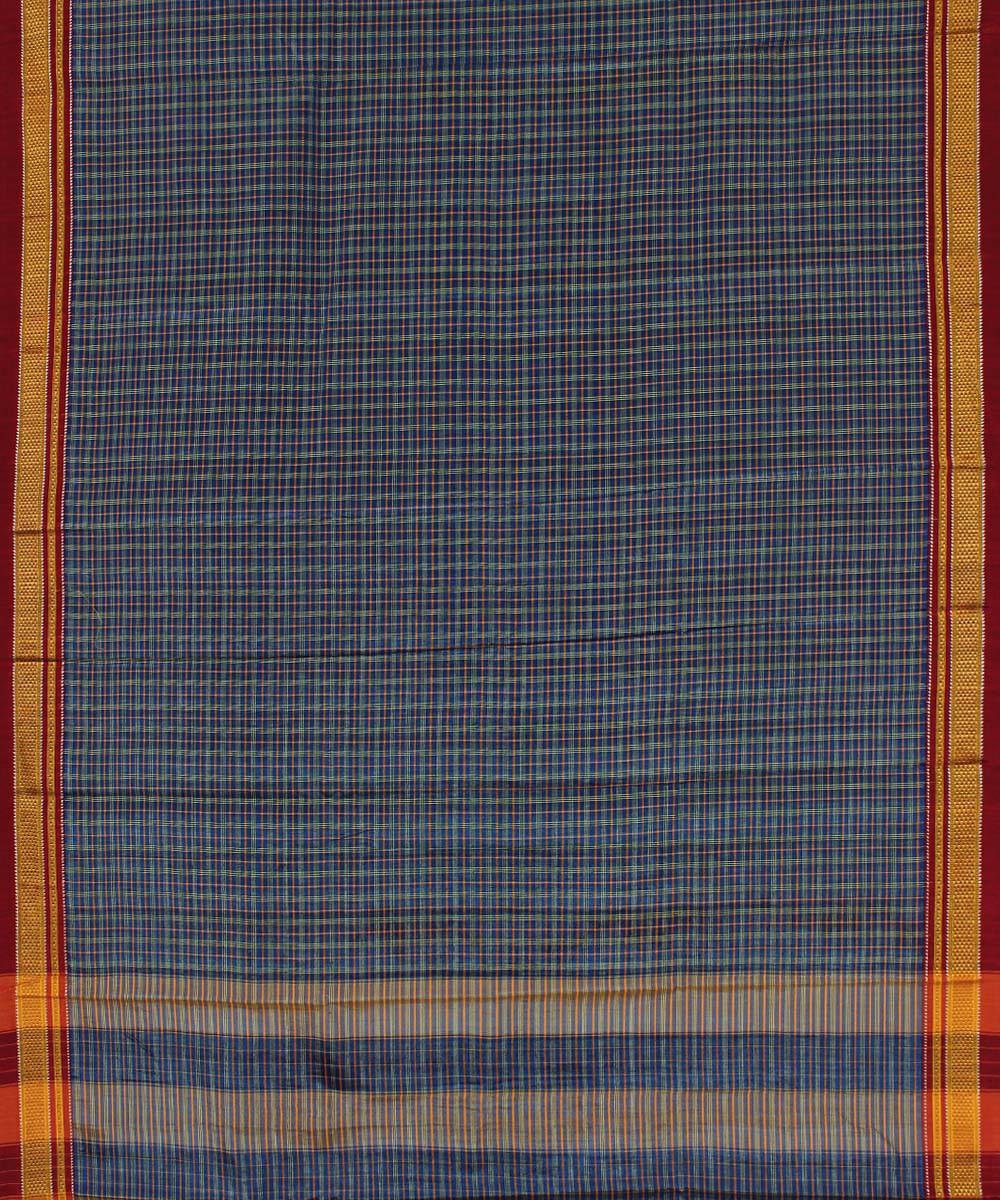 Blue red handwoven cotton art silk chikki paras border ilkal sari