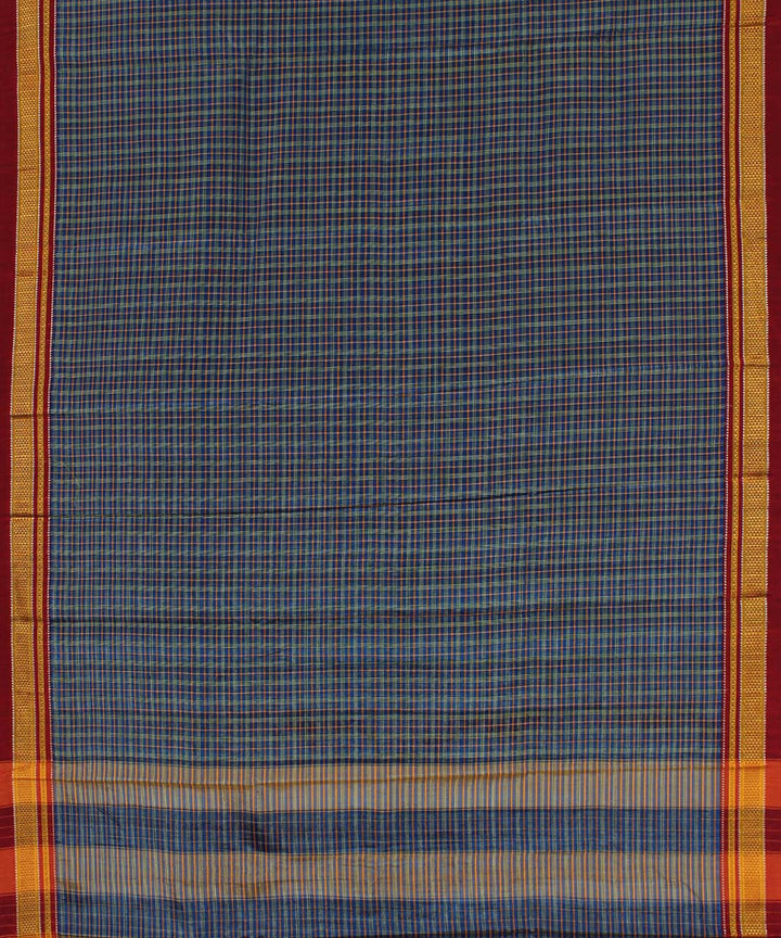 Blue red handwoven cotton art silk chikki paras border ilkal sari