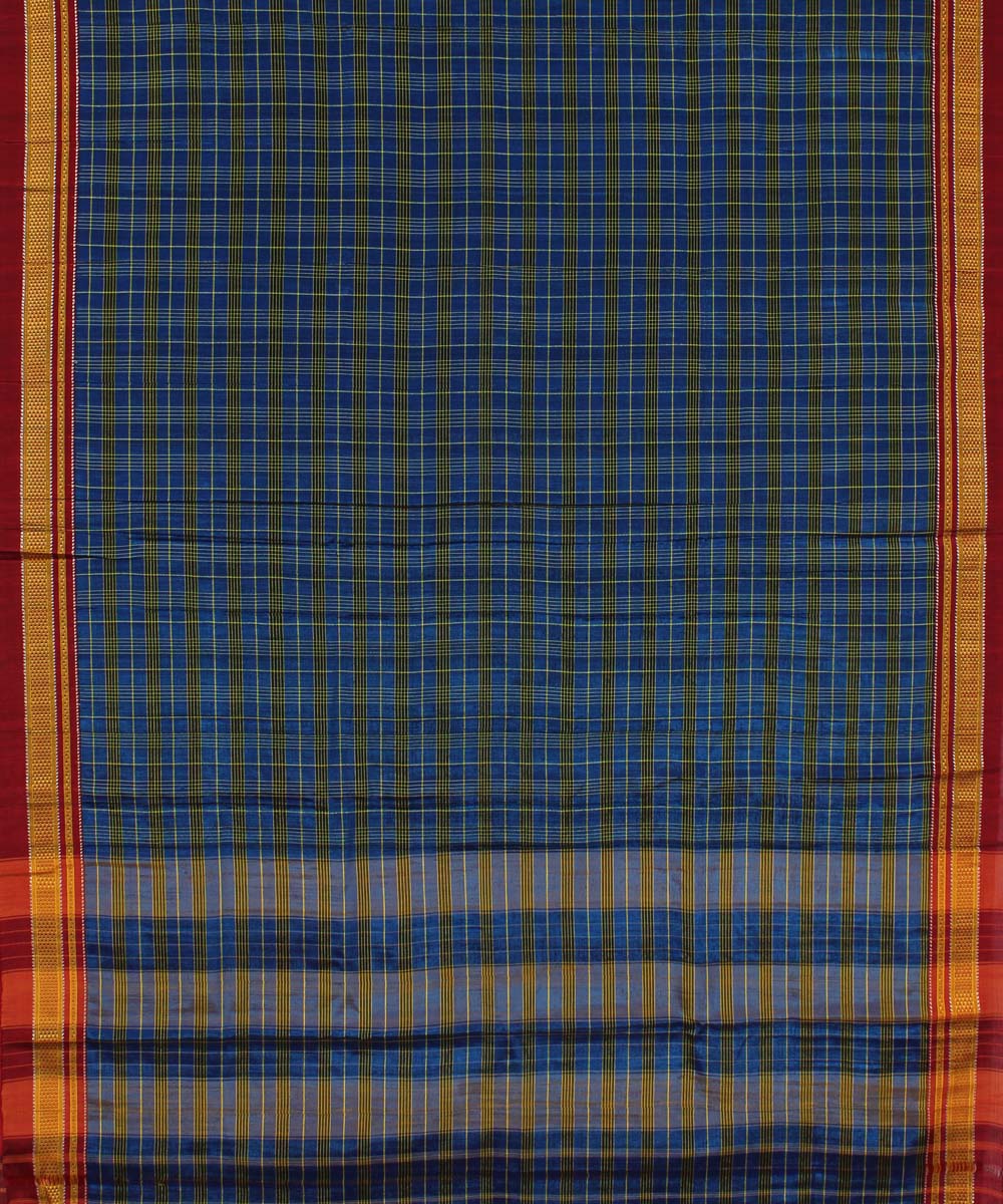 Blue green handwoven cotton art silk chikki paras border ilkal sari