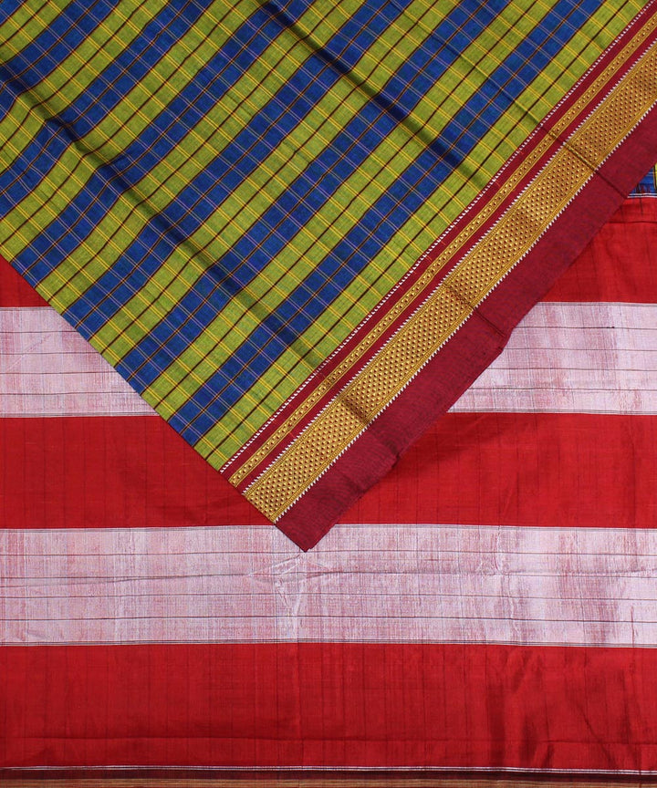 Blue green hand woven cotton art silk chikki paras border ilkal sari