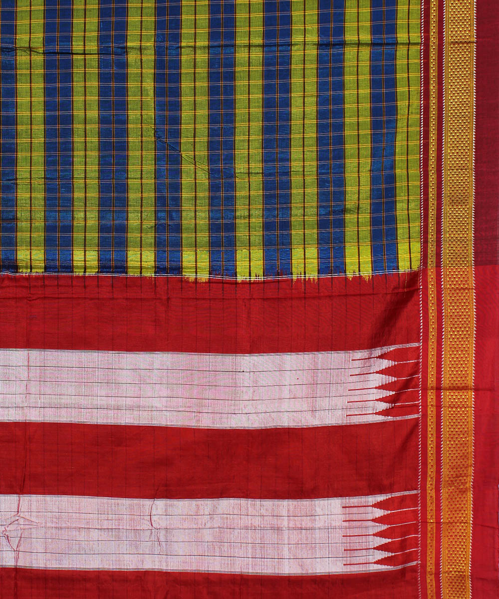 Blue green hand woven cotton art silk chikki paras border ilkal sari