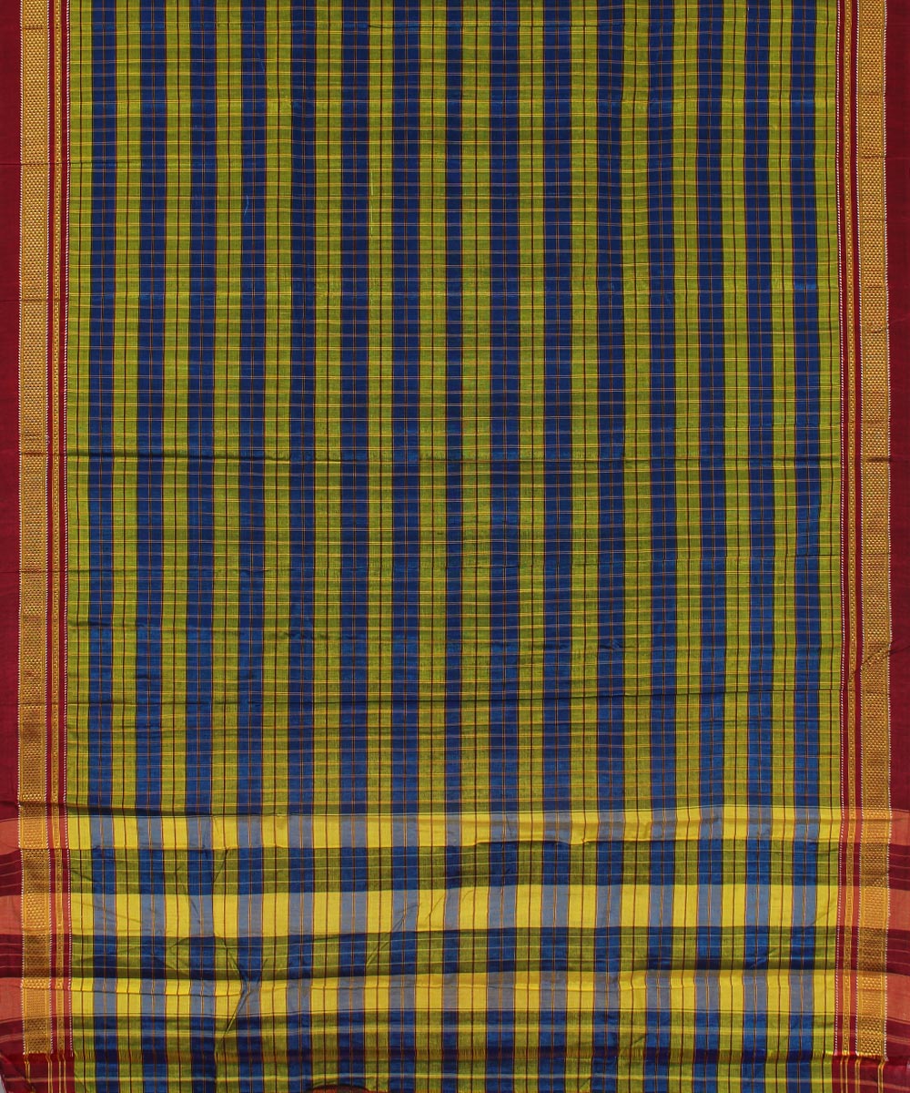 Blue green hand woven cotton art silk chikki paras border ilkal sari