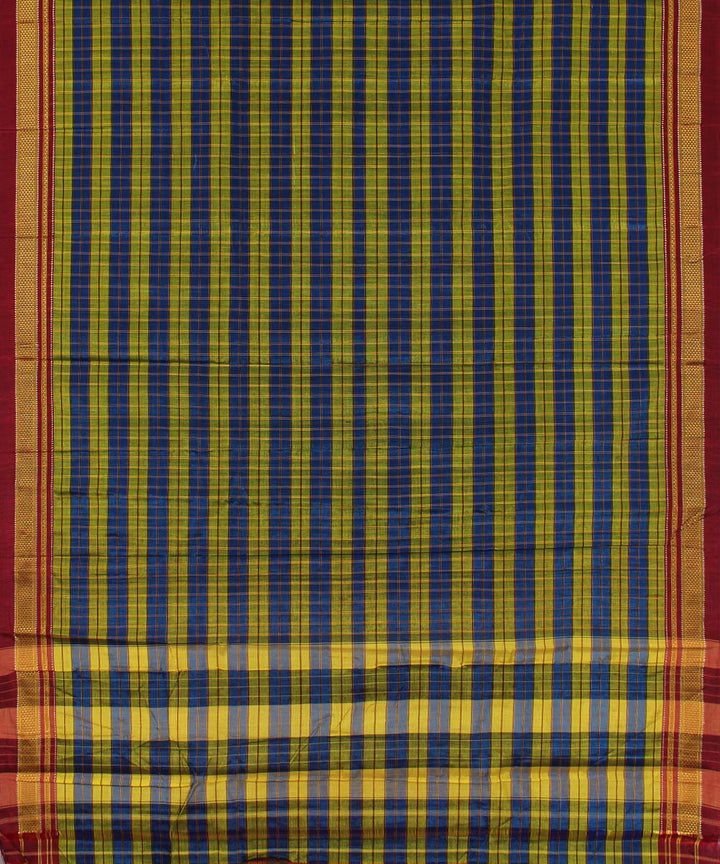 Blue green hand woven cotton art silk chikki paras border ilkal sari