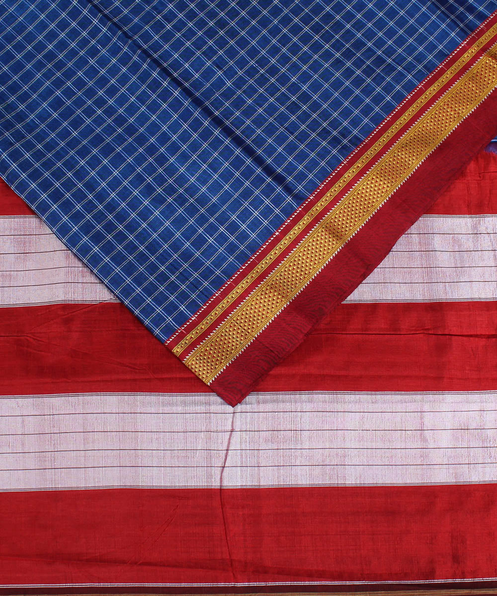 Blue white handwoven cotton art silk chikki paras border ilkal sari