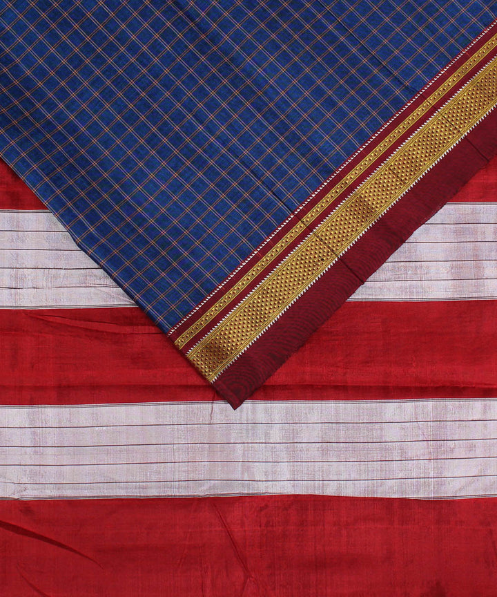Blue stripe handwoven cotton art silk chikki paras border ilkal sari