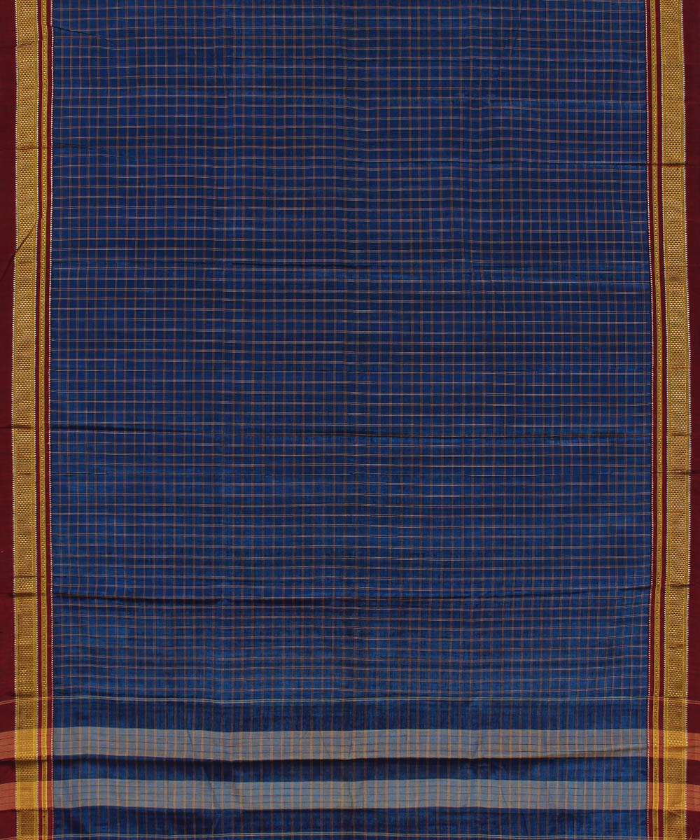 Blue stripe handwoven cotton art silk chikki paras border ilkal sari