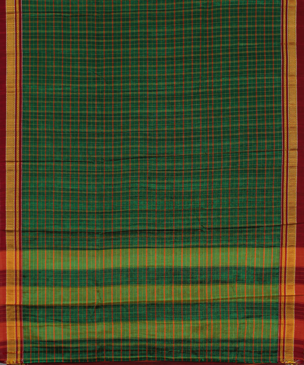 Dark green handwoven cotton art silk chikki paras border ilkal sari