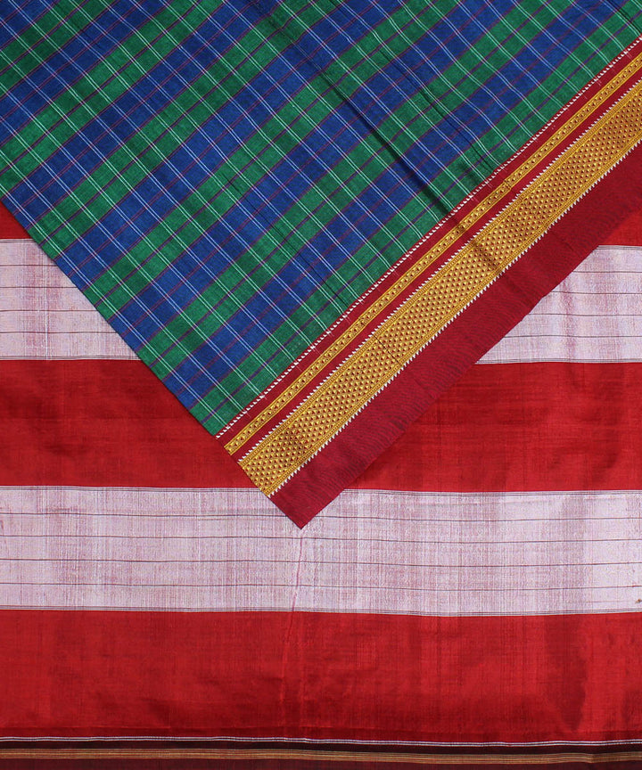 Blue green hand loom cotton art silk chikki paras border ilkal saree