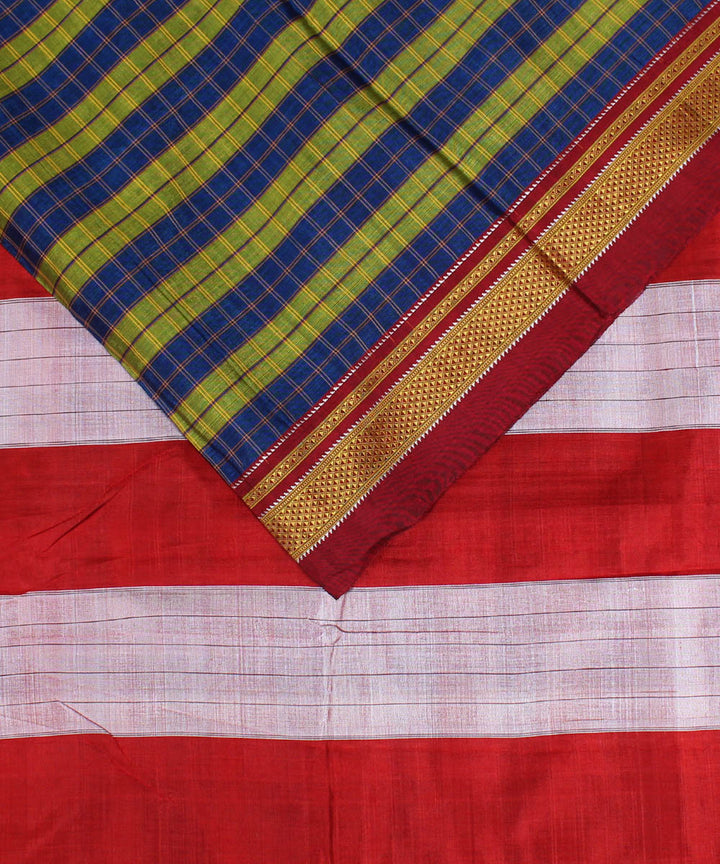 Blue green hand loom cotton art silk chikki paras border ilkal sari