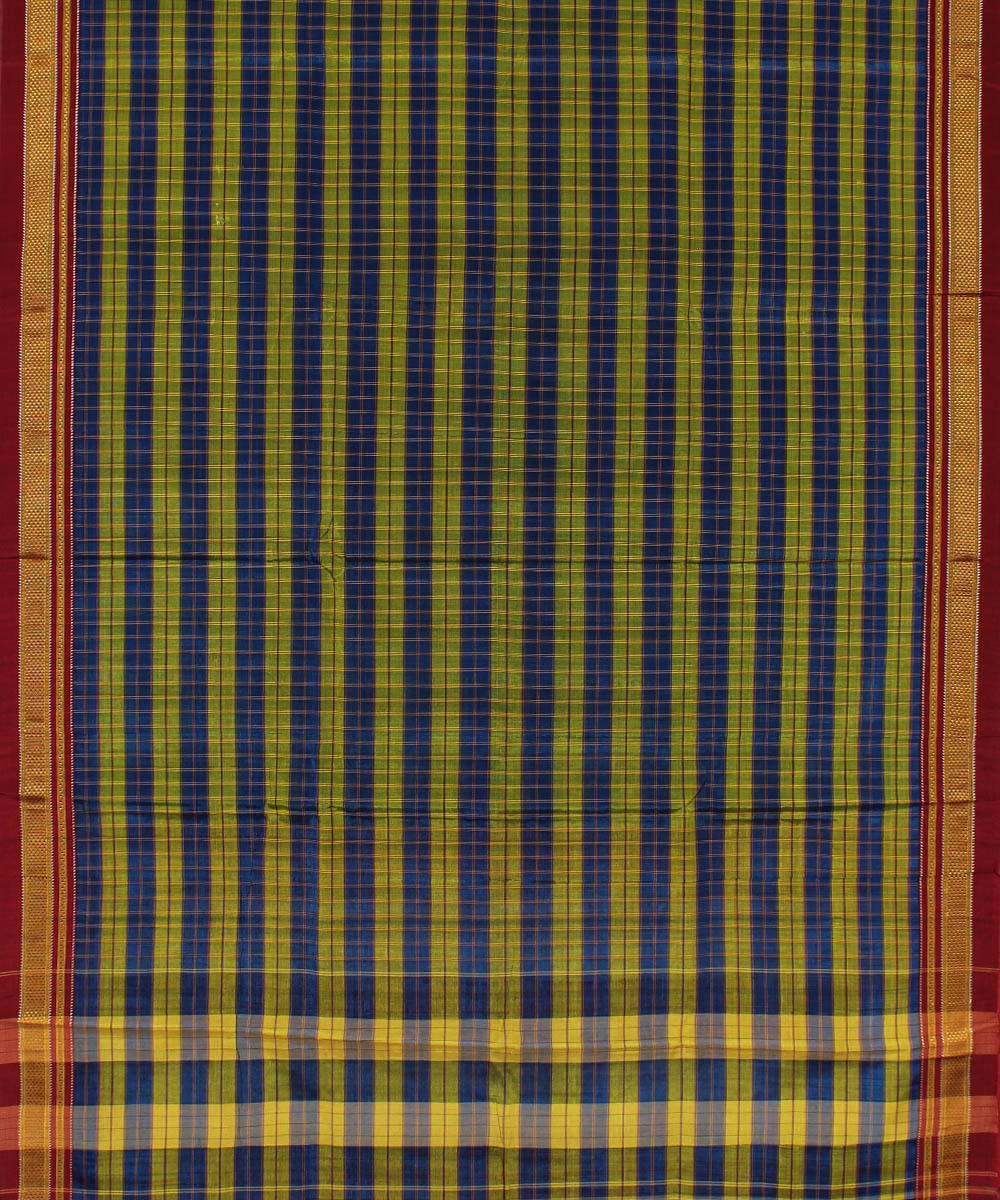 Blue green hand loom cotton art silk chikki paras border ilkal sari