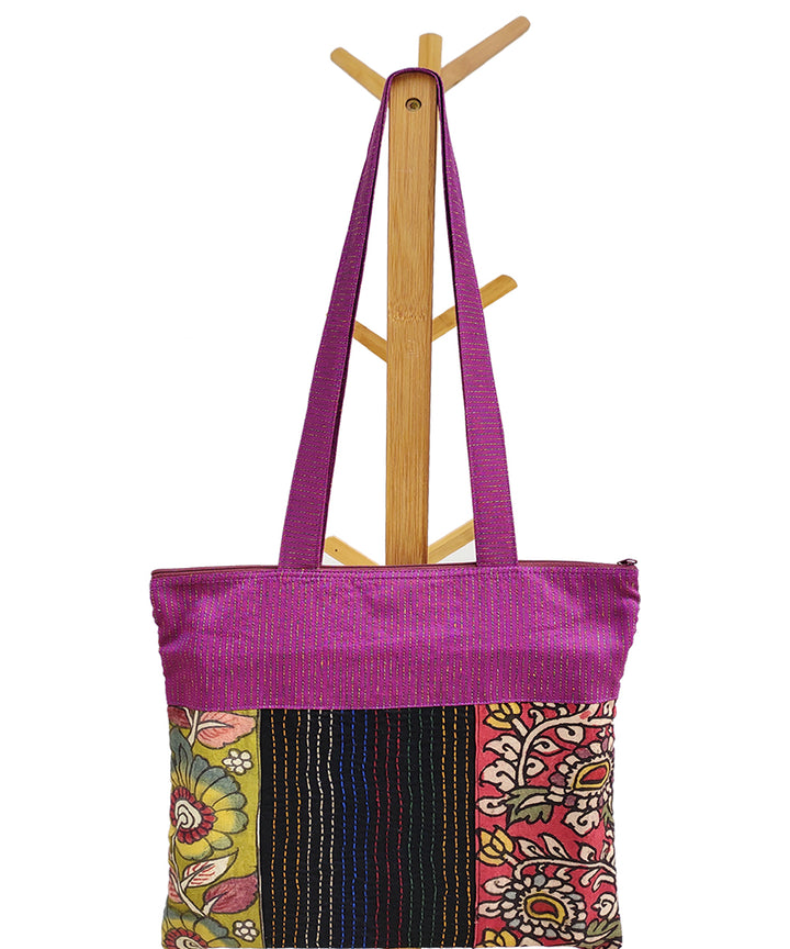 Multicolor hand crafted thread work kalamkari cotton tote bag