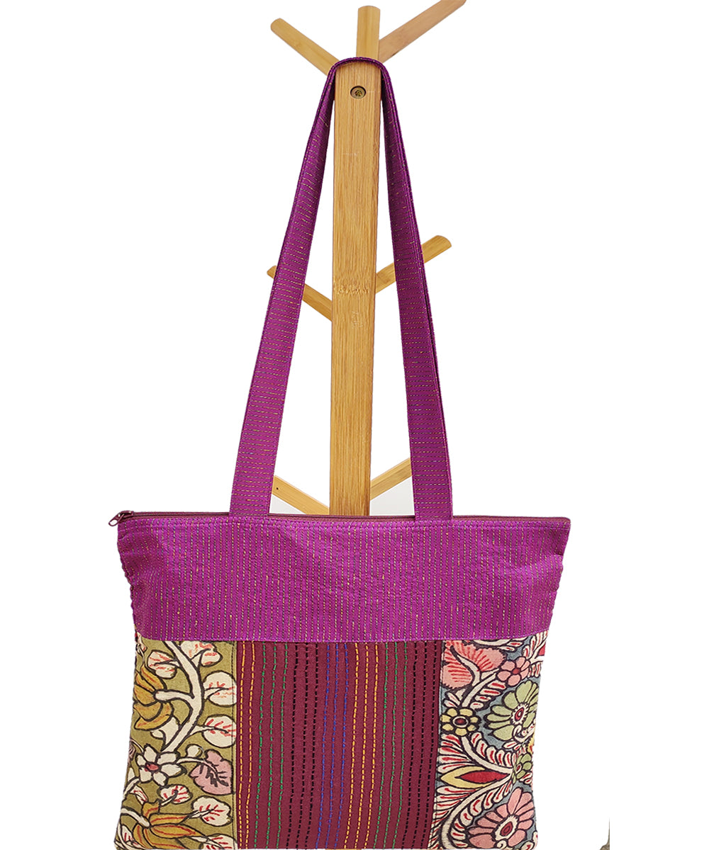 Multicolor hand crafted thread work kalamkari cotton tote bag