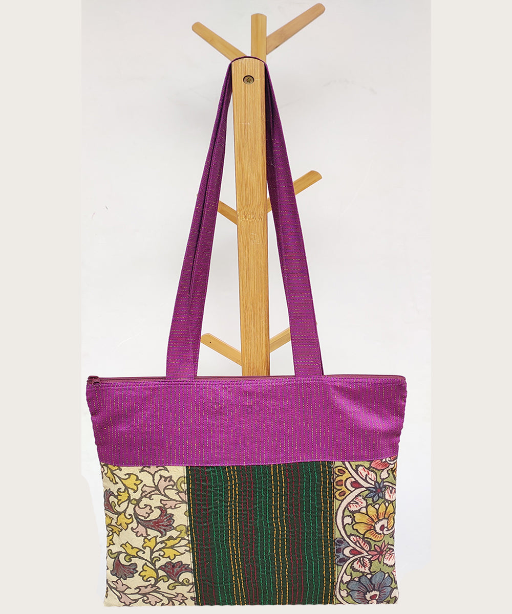 Multicolor handcrafted thread work kalamkari cotton tote bag