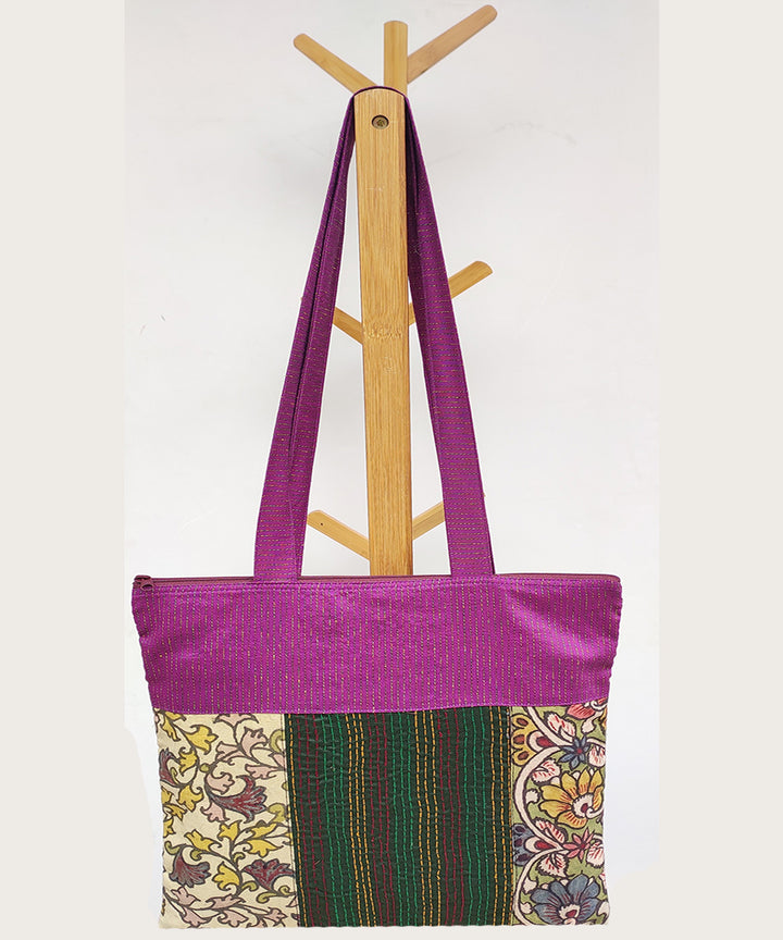 Multicolor handcrafted thread work kalamkari cotton tote bag