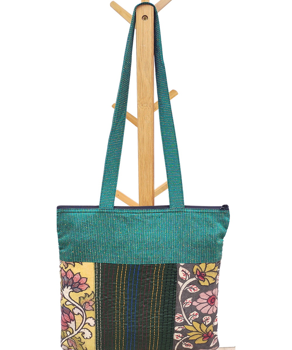 Multicolour handcrafted thread work kalamkari cotton tote bag