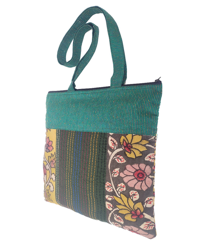 Multicolour handcrafted thread work kalamkari cotton tote bag