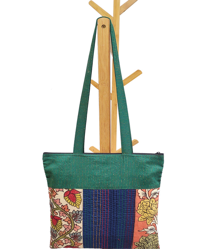 Multicolor hand crafted thread work kalamkari cotton tote bag