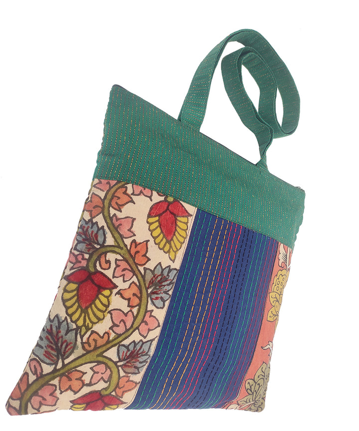 Multicolor hand crafted thread work kalamkari cotton tote bag