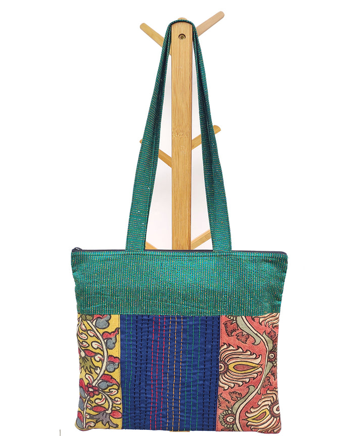 Multicolor hand crafted thread work kalamkari cotton tote bag