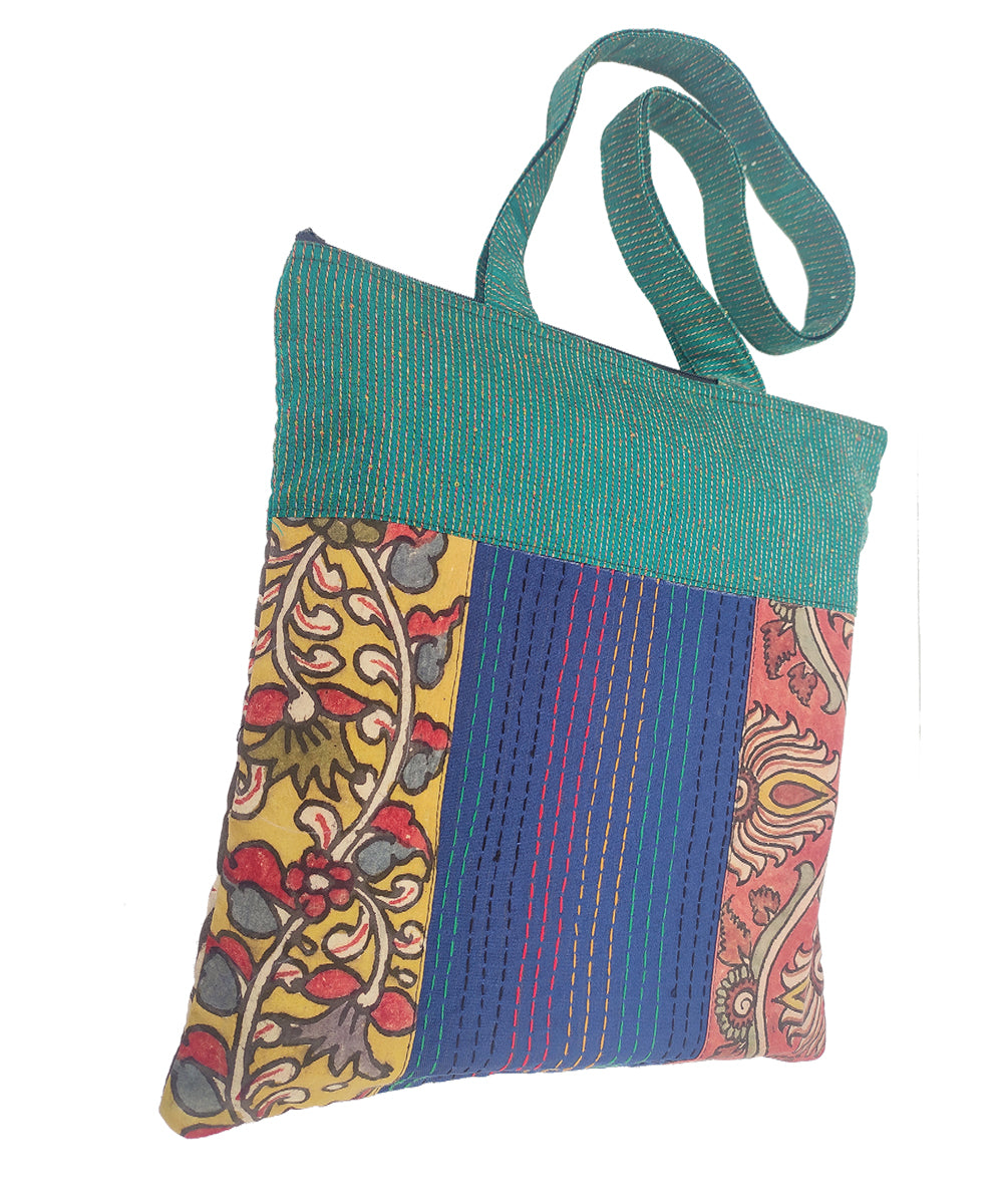 Multicolor hand crafted thread work kalamkari cotton tote bag
