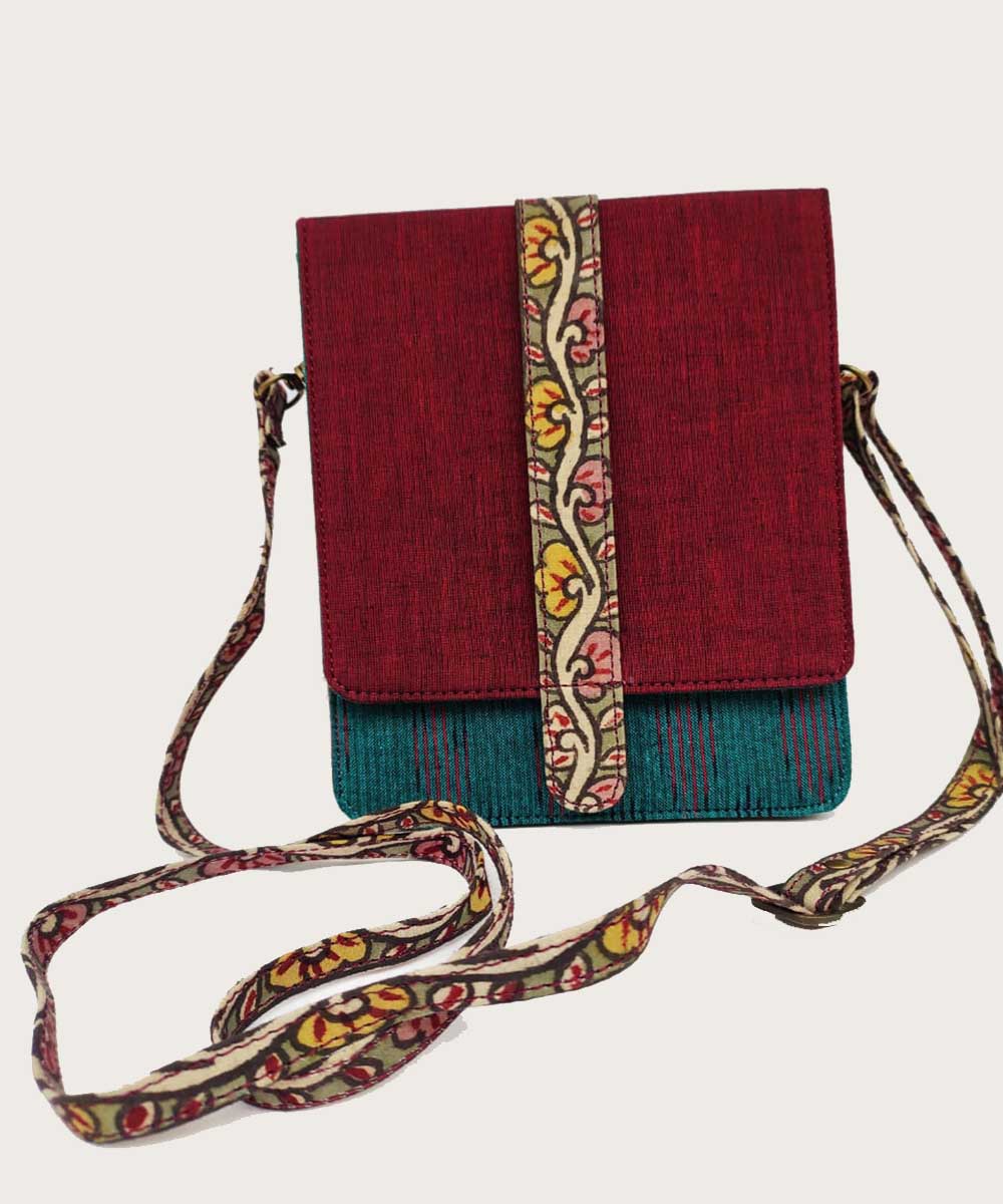 Maroon handcrafted ikat kalamkari cotton sling bag