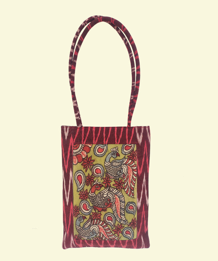 Maroon handcrafted kalamkari ikat cotton tote bag