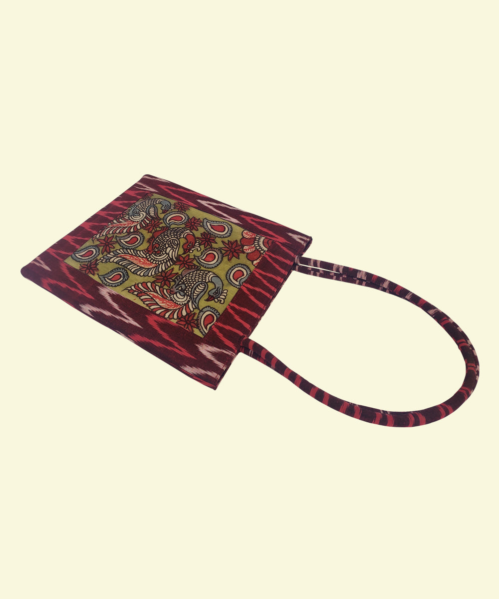 Maroon handcrafted kalamkari ikat cotton tote bag
