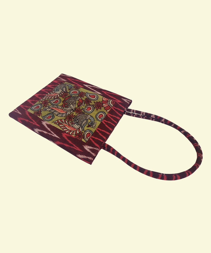 Maroon handcrafted kalamkari ikat cotton tote bag