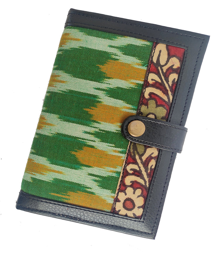 Green handcrafted art leather cotton ikat kalamkari wallet