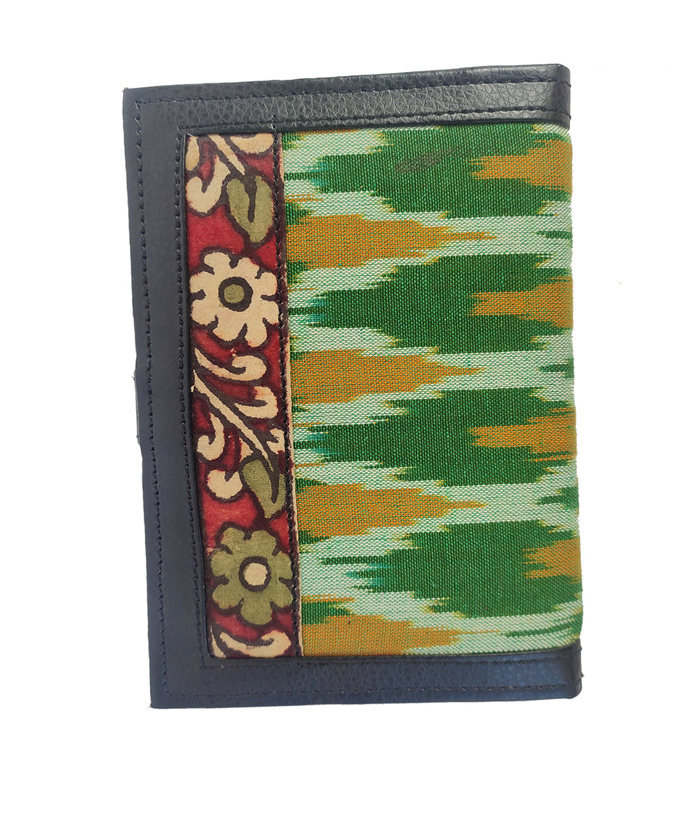 Green handcrafted art leather cotton ikat kalamkari wallet