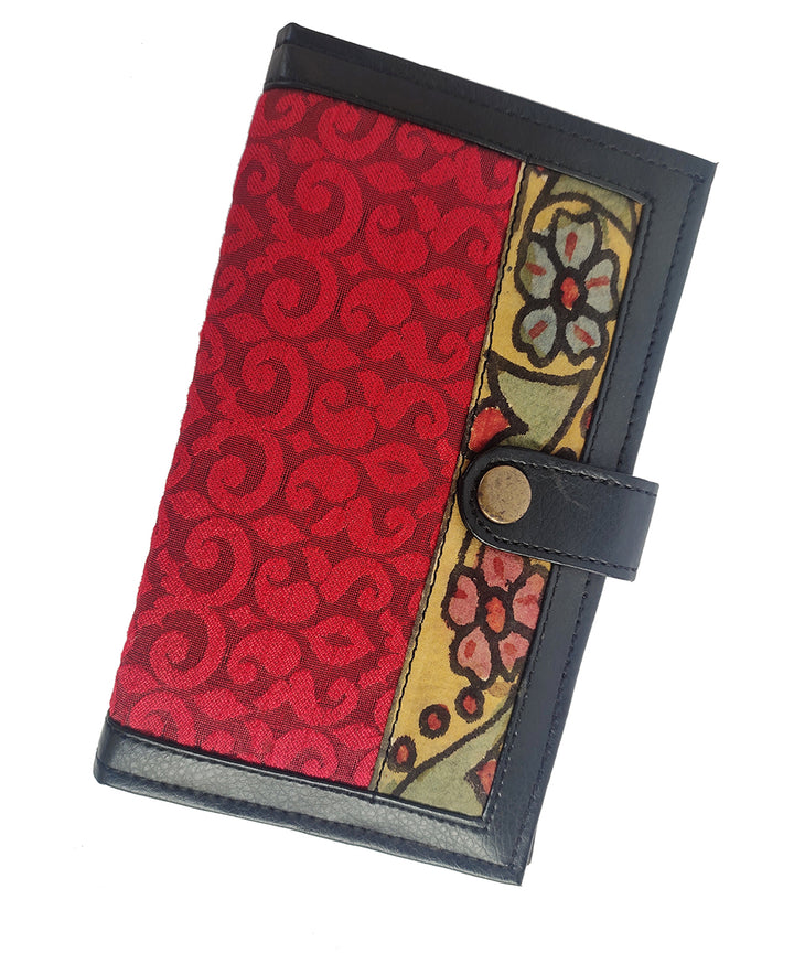 Red handcrafted art leather cotton ikat kalamkari wallet