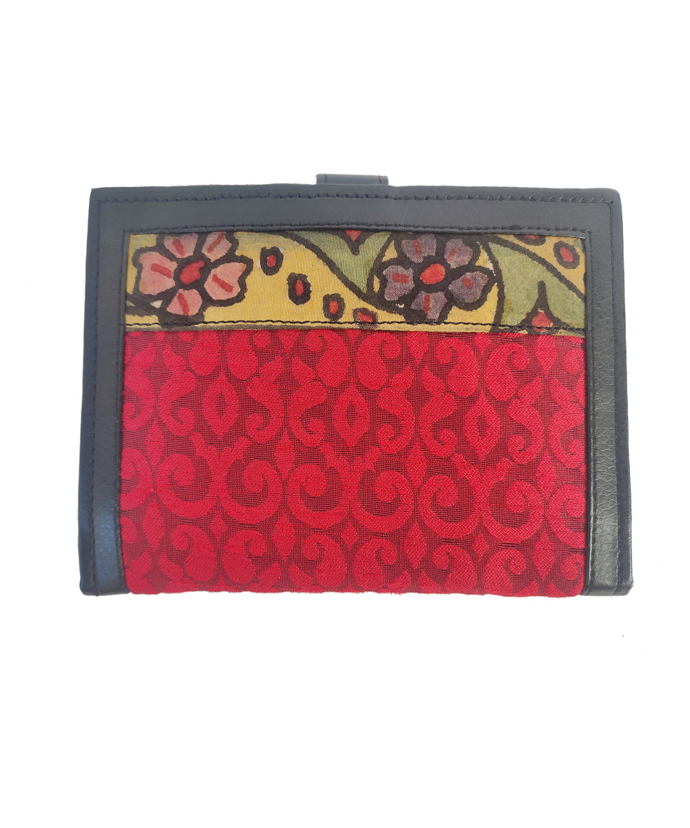 Red handcrafted art leather cotton ikat kalamkari wallet