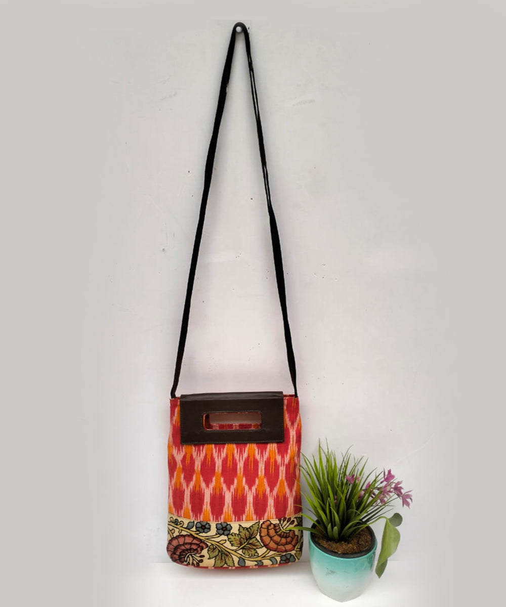 Orange ikkat cotton kalamkari handcrafted sling bag