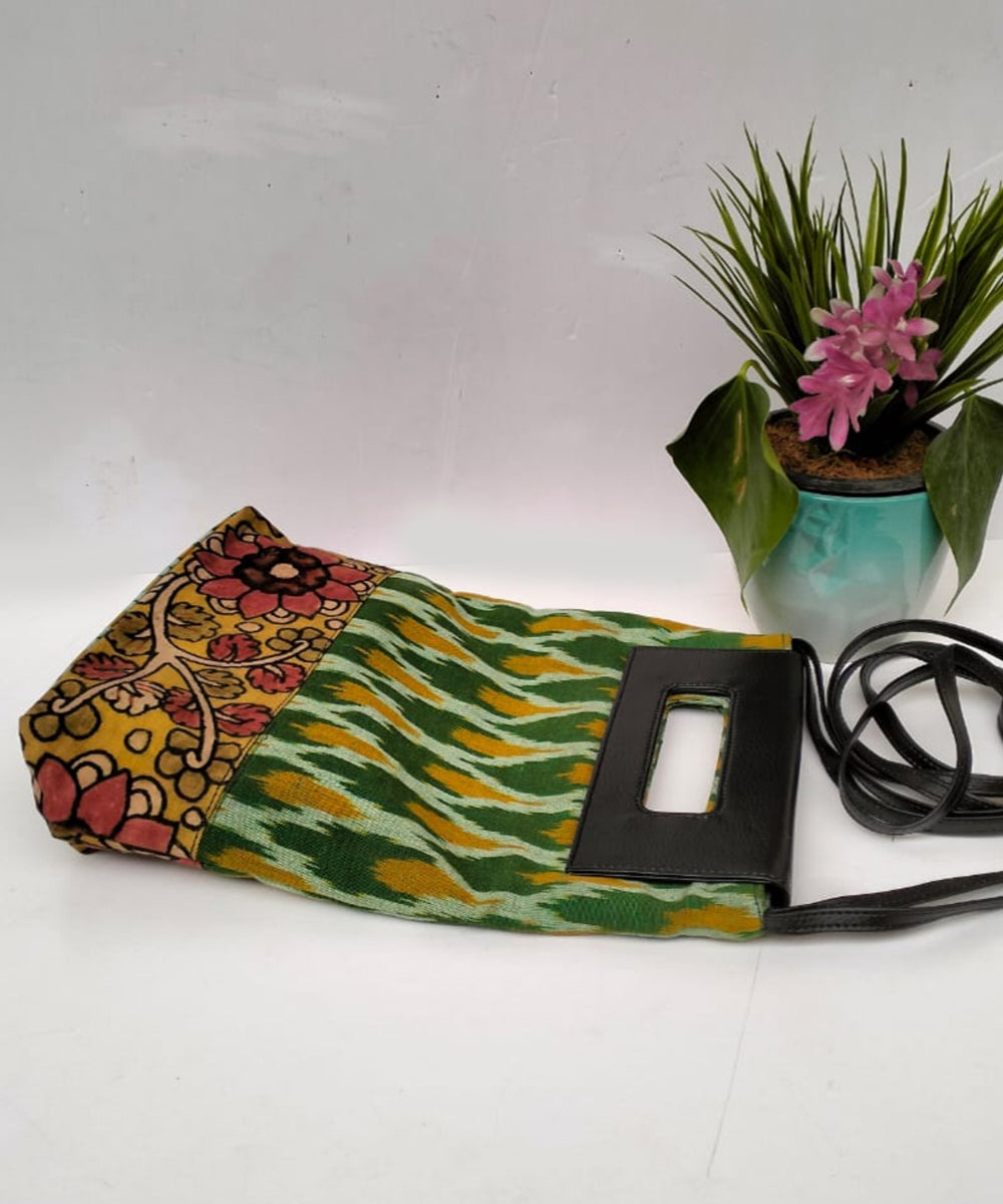 Light green ikkat cotton kalamkari handcrafted sling bag