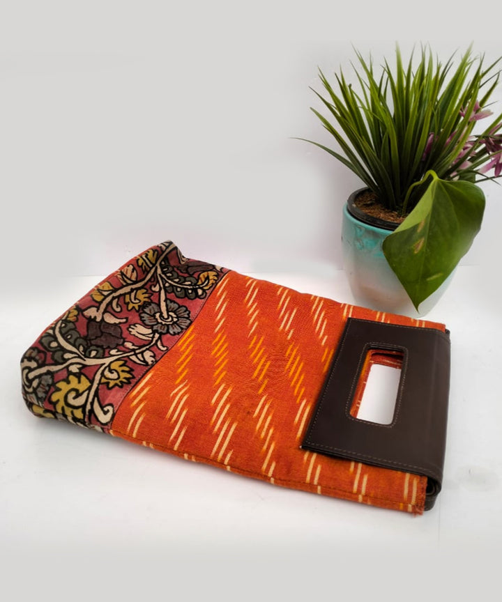 Orange ikat cotton kalamkari handcrafted sling bag