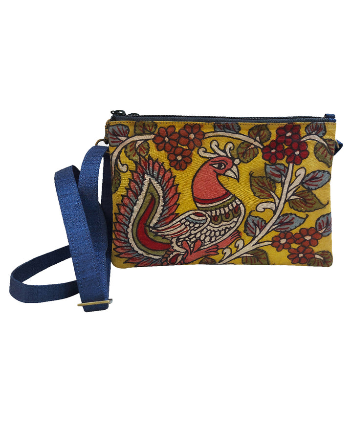 Yellow hand painted ghicha silk cotton kalamkari sling bag