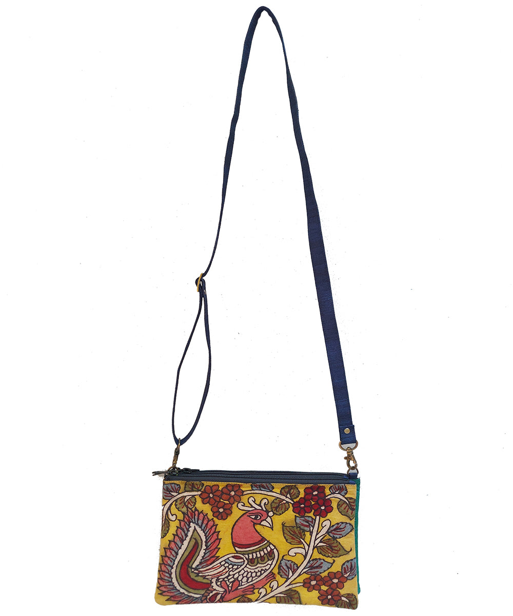 Yellow hand painted ghicha silk cotton kalamkari sling bag