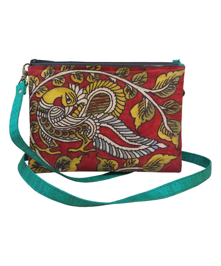 Red hand painted ghicha silk cotton kalamkari sling bag